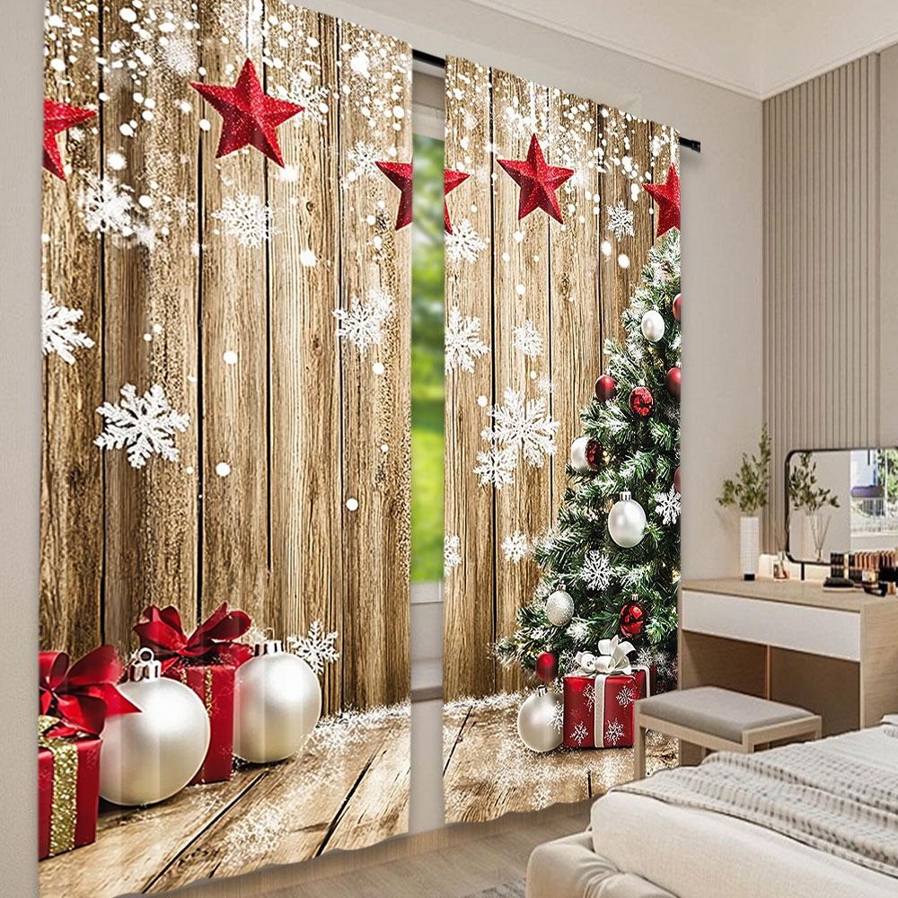 Rustic Christmas Curtains Snow Tree Gifts Party Decoration Suitable Bedroom Living Room Dining Set Of 2 Made Polyester Sitting Decor