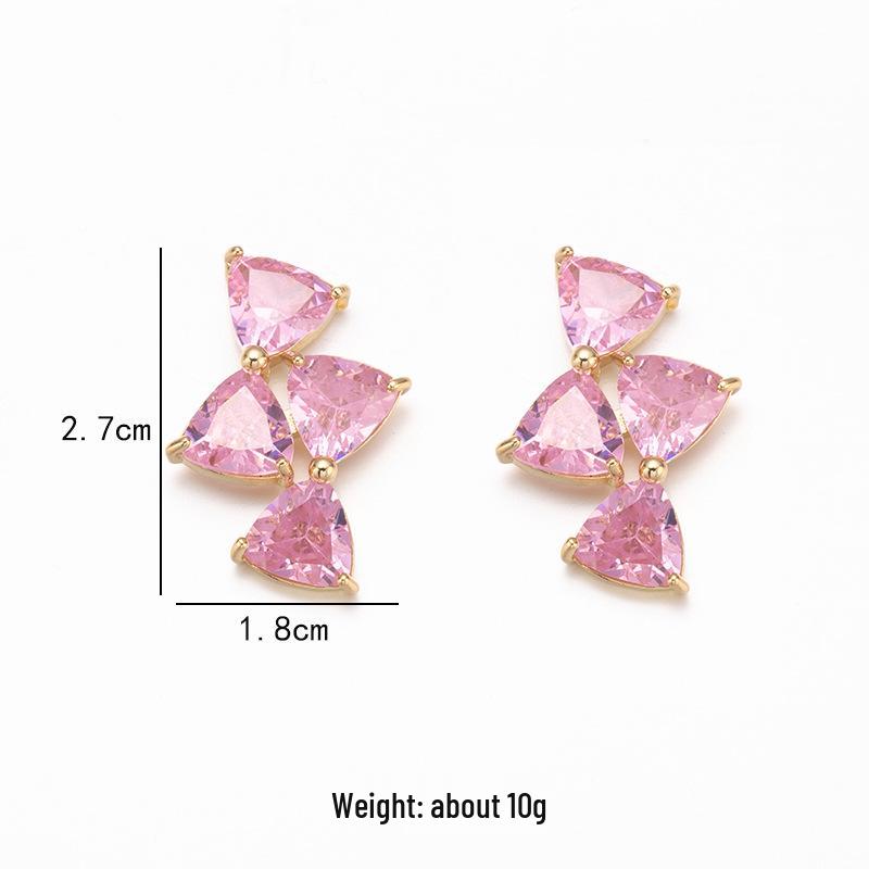Stylish Double Bow Triangle Zircon Copper Earrings with Crystal Silver Studs