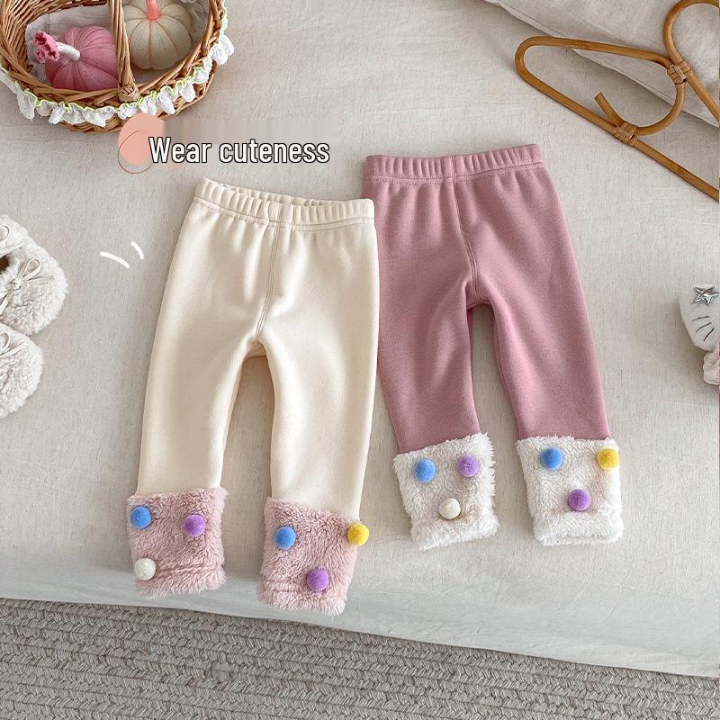 2025 Winter Koreanischer Stil Mädchen Patchwork Pompon Leggings - Trendige Verdickte Hose für Stilvolle Kinder