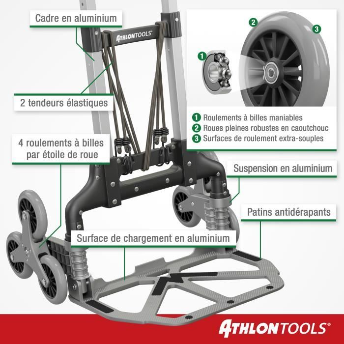 Diable pliable - athlon tools - aluminium - 70 kg - roues à roulements - poignée télescopique 110 cm