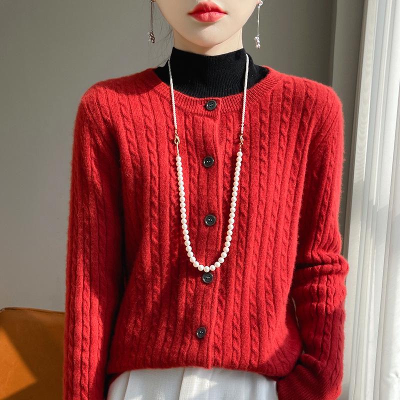 Women's Loose Twist Stitch Wool Cardigan Sweater - Red Round Neck, New Year 2024 Edition.