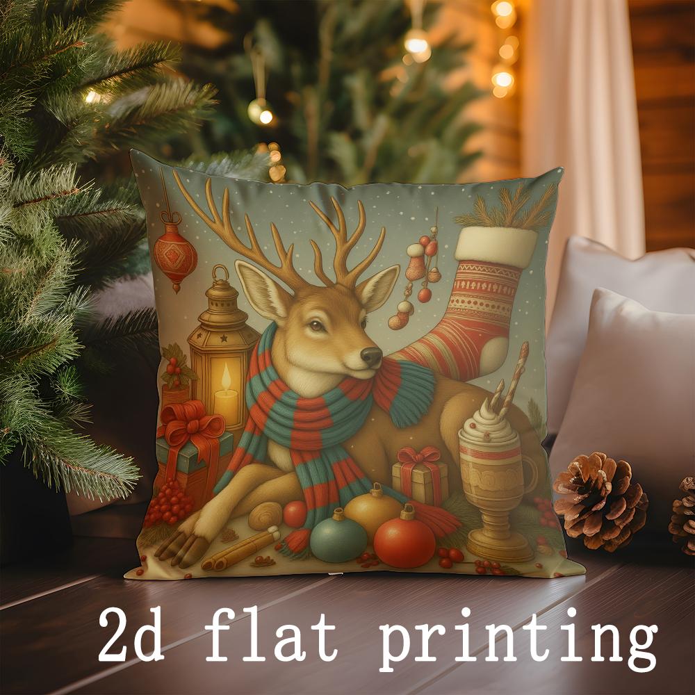 Home Decor Christmas Santa & Deer Pattern Pillow Covers Pattern Cushion Cover Suitable for Sofa Bedroom Car Pillow Cover
