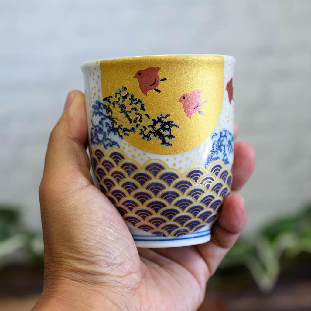 Waza No Kura Stylish Pair of Kutani Ware Teacups with Wave and Chidori Made In Perfect Gift for Wedding 60th 70th 77th 80th and 88th Birthdays