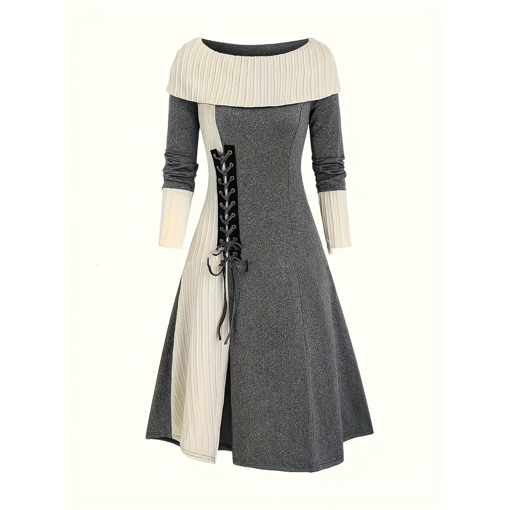 Women's Patchwork Dress Vintage Round Neck Long Sleeve