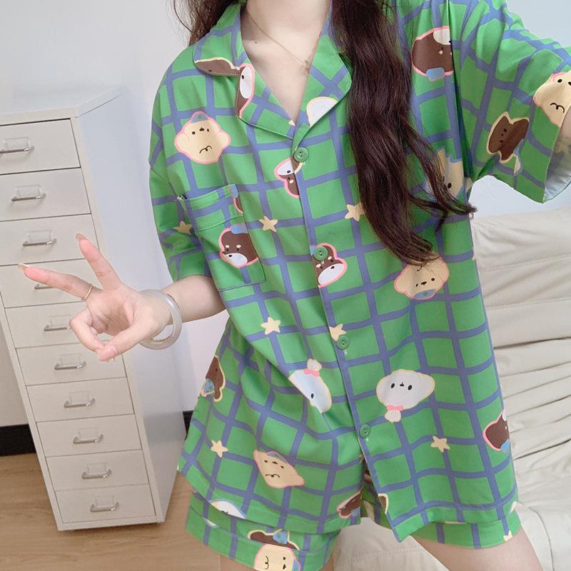 

Милая мультяшная зеленая клетчатая собака летняя пижама женский комплект с коротким рукавом тонкая удобная домашняя одежда костюм можно носить на улице 2XL
