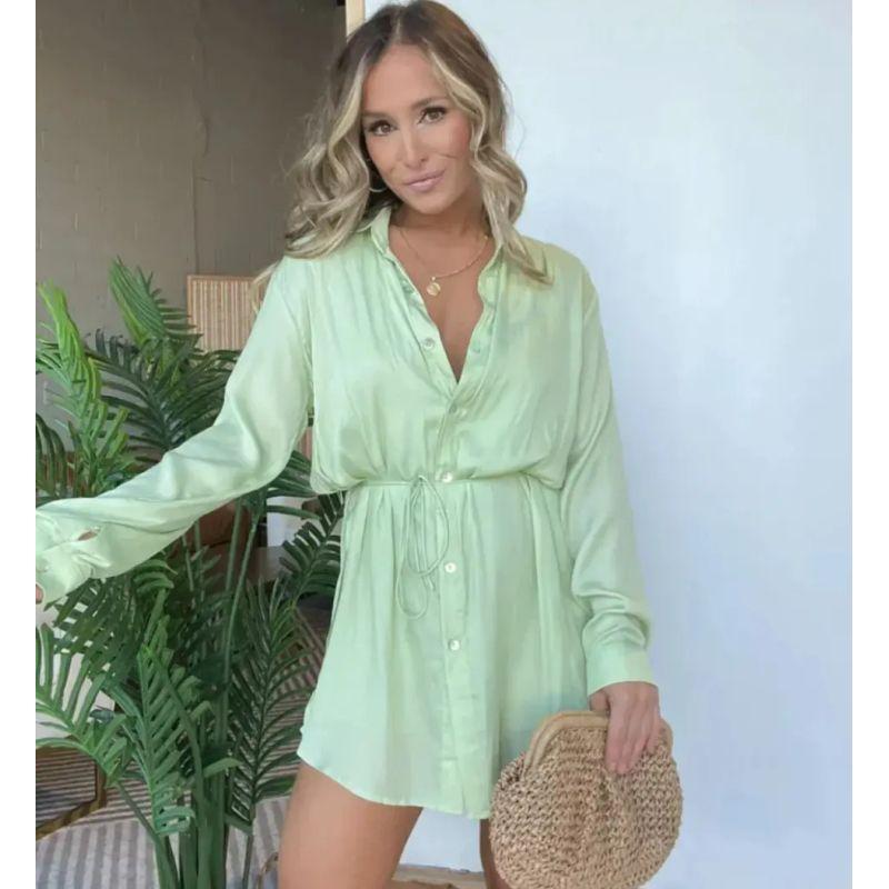 

European and American Fashion Solid Long sleeve Shirt Jumpsuit Women s Long Sleeve Shirt Jumpsuit Cyan 5XL