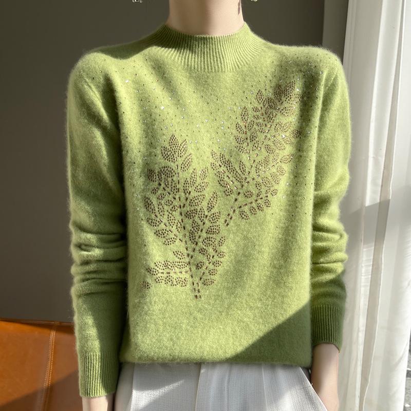 Thick Sequin Leaf Knit Sweater for Women - Autumn/Winter Half-High Collar