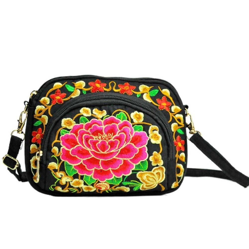 Peony Embroidery Flower Shoulder Bag Canvas Zipper Flower Purse Wallets  Daily