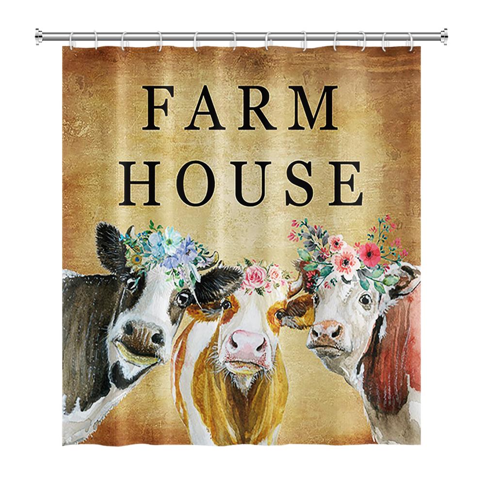 Farmhouse Highland Cow Shower Curtain With Hooks Funny Bull Cattle Bull Floral Decor Country Style Bothroom Curtain