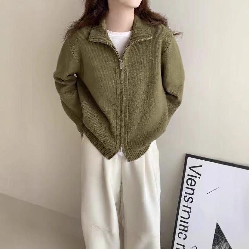 Women's Long Sleeve Sweater Stand Collar Lazy Style Knit Cardigan Zip Up Casual Outerwear