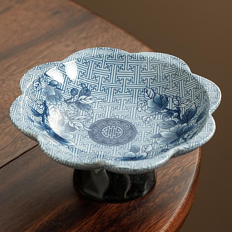 Blue and White Porcelain High Foot Dessert Plate Creative Ceramic Fruit Tray for Tea Room Dry Nuts Snacks Serving Tray