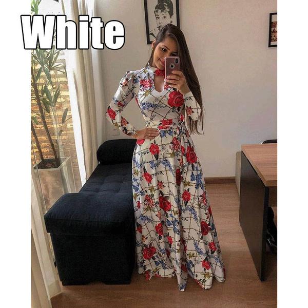 Fashion Women Casual Long Sleeve Dress Maxi Dresses High Waist Flower Dress Party Dress