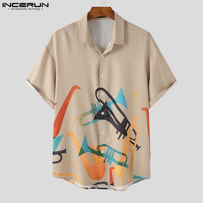 

INCERUN летние мужские модные рубашки с короткими рукавами и принтом на пуговицах, праздничные повседневные свободные топы больших размеров