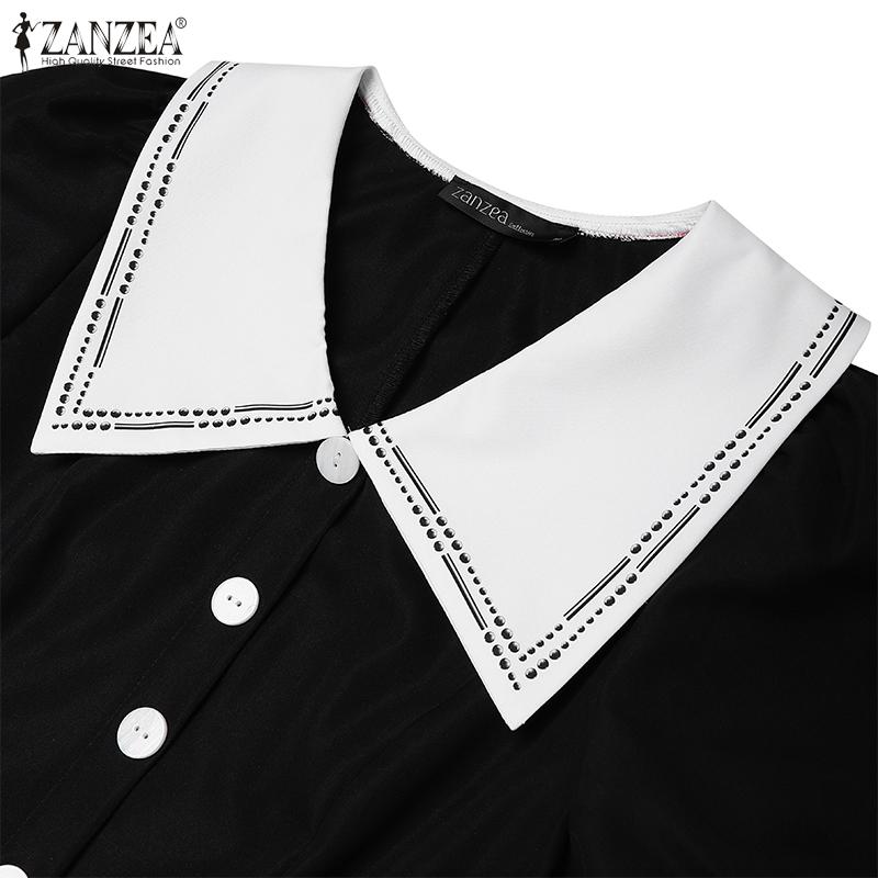 ZANZEA Women Casual Navy Collar Loose Short Sleeve Pleated Dress