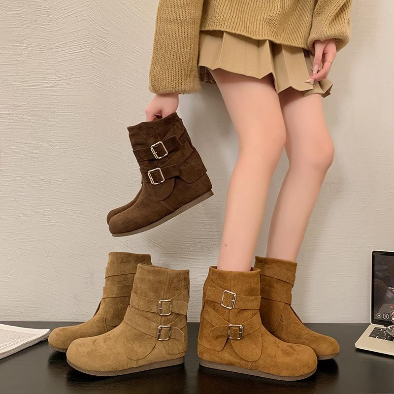 Retro inner heightening short boots women's 2025 autumn and winter new round head soft sole Birkenstock boots short western cowboy boots