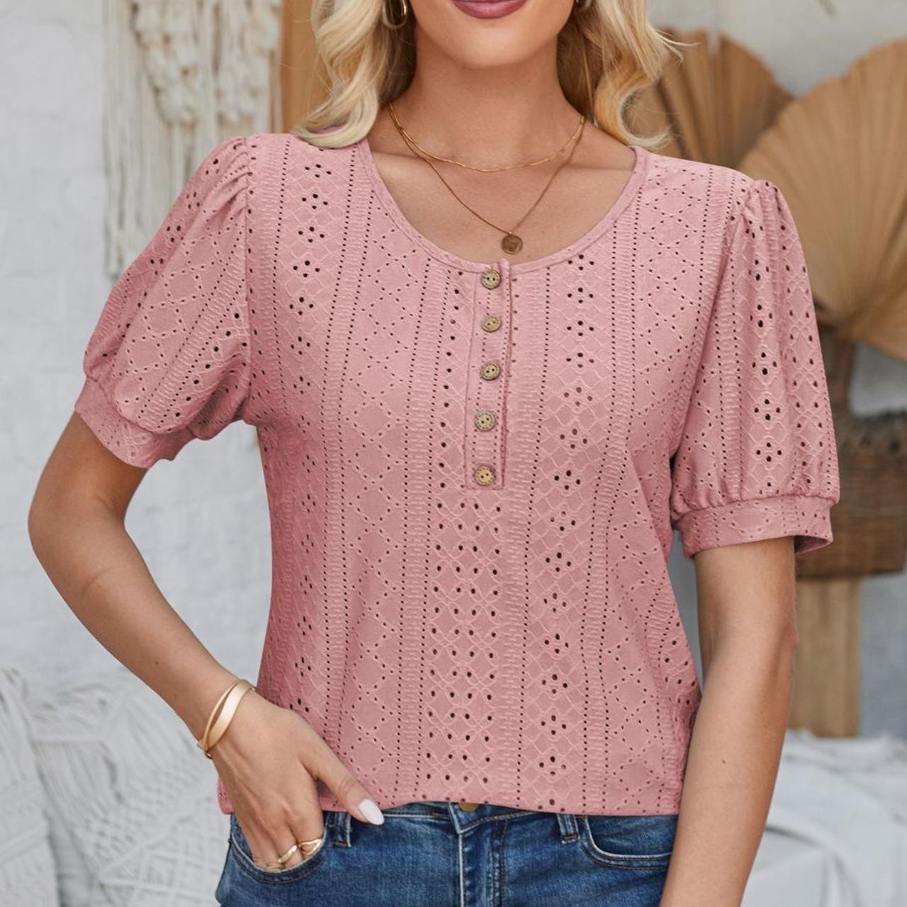 

GMXIA женские модные повседневные летние весенние однотонные свободные блузки и рубашки с короткими рукавами и пуговицами с круглым вырезом и круглым вырезом S розовый