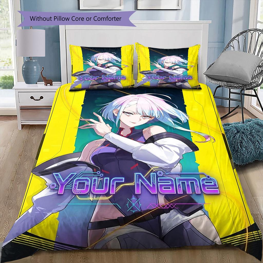 Cybernetic Future Heroine Custom Name Pattern Bedding Quilt Set Quilt Cover Pillowcase Home Birthday Gift(1 * duvet cover + 2 * pillowcase, without co