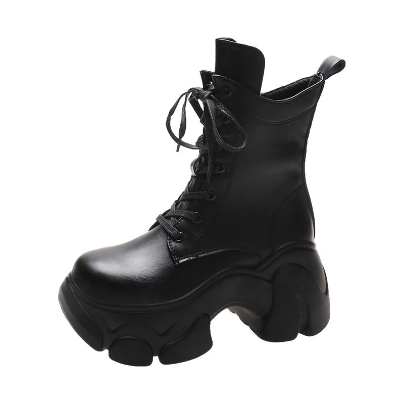 

2025 New 8cm Chunky Platform Ankle Boots Women Autumn Winter Motorcycle Boots Woman Thick Bottom Non Slip Leather Combat Boots 34 чёрный