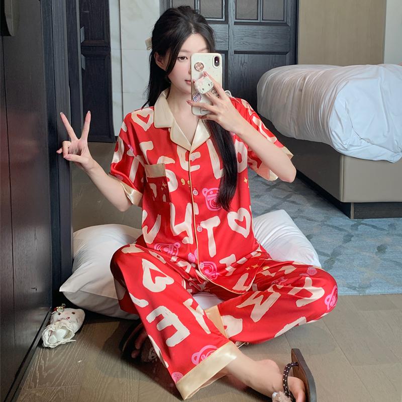 Sommer Herbst Pyjama Set Damen Nachtwäsche Sets Ruhe Umlegekragen Faux Seide Satin Kurzarm Oberteile und lange Hosen Buchstaben Weiblicher Pyjama Hauskleidung