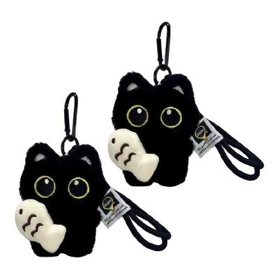 2 Pieces Black Kitten Holding Fish Soft Plush Ornaments Versatile Bag Charm Great for Women Decors