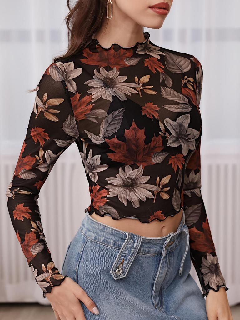 2025 Long Sleeve Mesh Print Crop Top - Sexy See-Through Casual Fashion