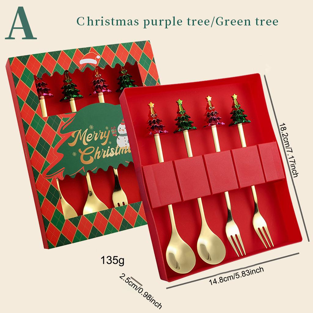 4Pcs Snowman Christmas Tree Cutlery Set Fork Spoon Dinnerware Set with Gift Box Stainless Steel Gold Flatware Party Tableware