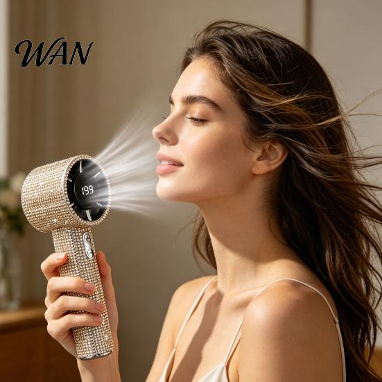 Rhinestone Handheld Fan with Digital Display, Turbo High Speed Portable Powerful Mini Fan, Quiet Operation Cooling for Outdoor Travel