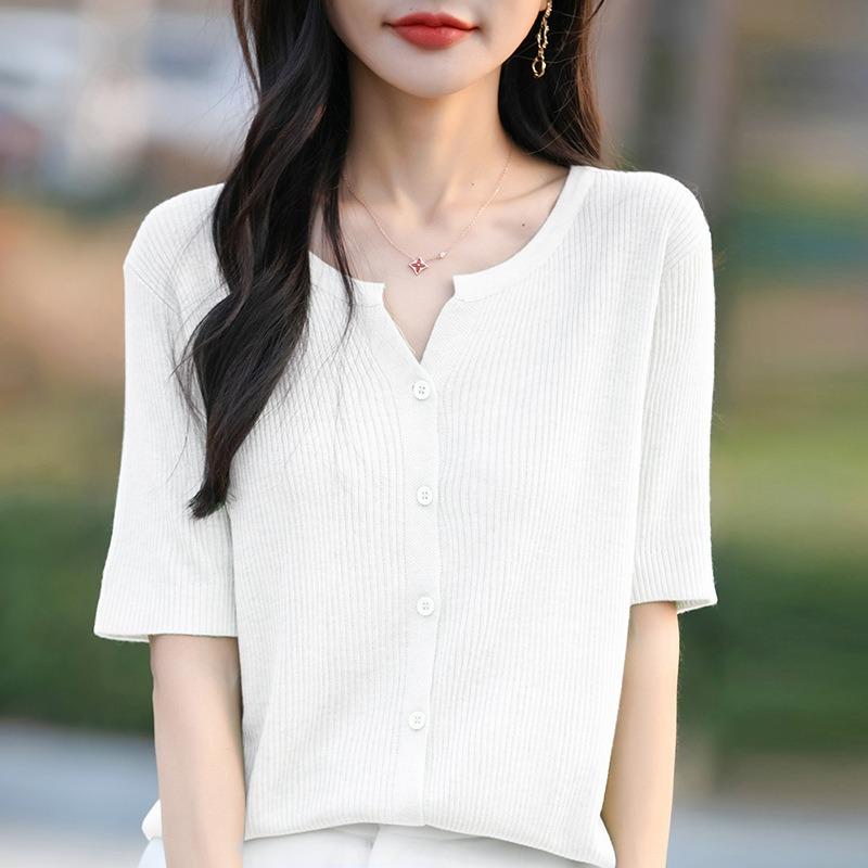 Damen Frühling und Sommer Neu Dünn Kurzarm Kammgarn Weich Strick Cardigan T-Shirt Offener Kragen Kleine Bluse