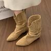 Damen Wildleder Western Cowboystiefel Blockabsatz Spitze Falten Retro Mattes Leder Schuhe Damen Vintage Slip-on Kurz Single Stiefel