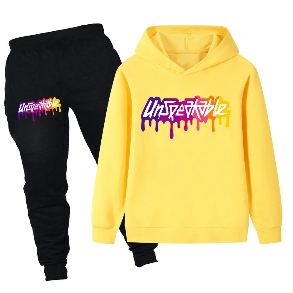 Colorful letter printed autumn warm hooded top+sports pants for girls and boys outdoor casual suit