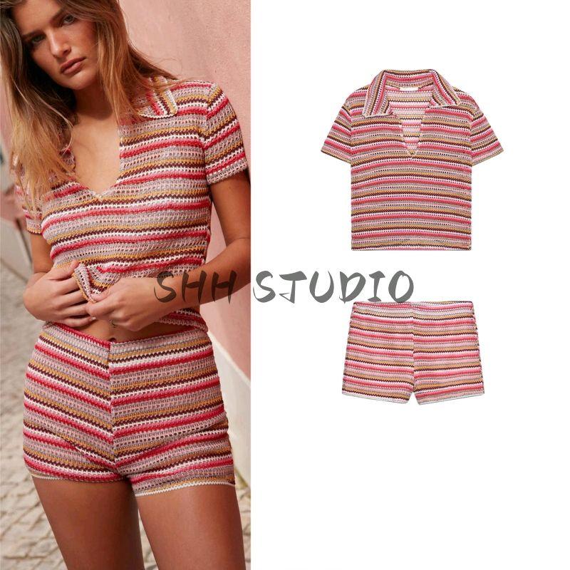 Crochet Minimalist Comfortable Short Sleeve Polo Shirt 1131809 Stripes Girly Style Casual Shorts 1131810