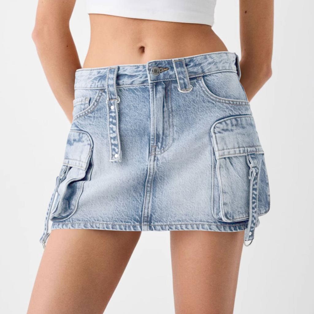 Women Denim Cargo Skirt Low Waist Button Bodycon Flap Pockets Skirts
