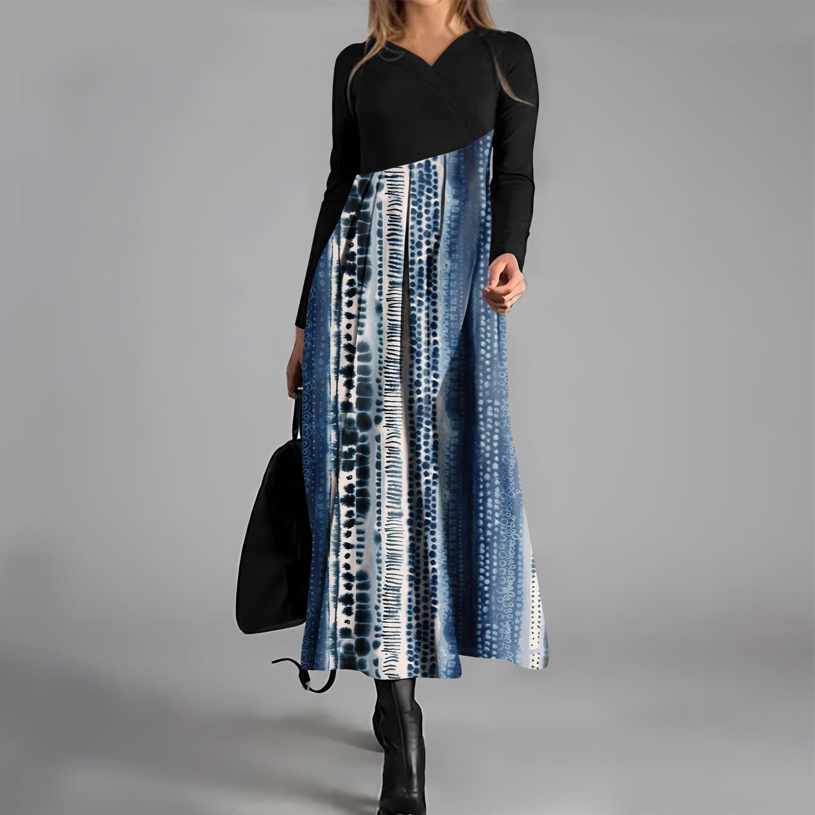 

Женское повседневное модное платье с V-образным вырезом и длинными рукавами, цветочным принтом, карманом на талии, свободное платье L синий