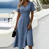 Summer Women's Fashion Casual Dresses Retro Patterned Short Sleeved V-neck Slim Fit A-line Dresses