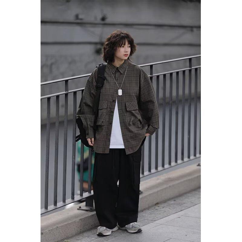 Retro Rutig Långärmad Skjorta i Japansk Stil med Stor Ficka Herr och Dam Vintage Flerficks Par Kontrastfärg Skjorta Jacka
