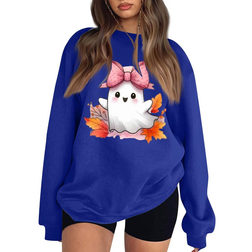 Women's Neck Long Sleeve Sweatshirt Casual Loose Fit Color Pullover with Halloween Print