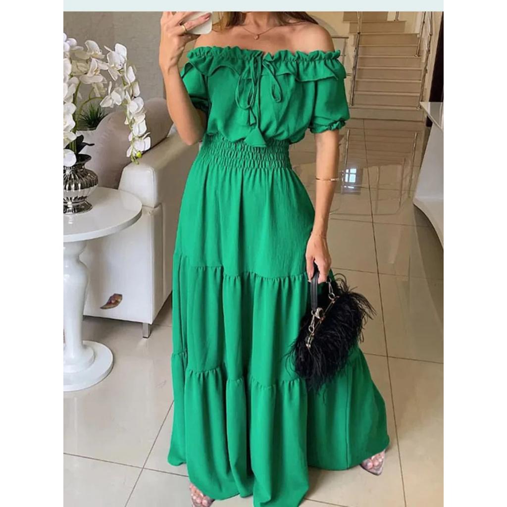 LYRIA Solid Boho Dress Women Fashion Elegant Beach Party Dress Casual Slash Neck Office Maxi Dresses For Woman Robe Femme