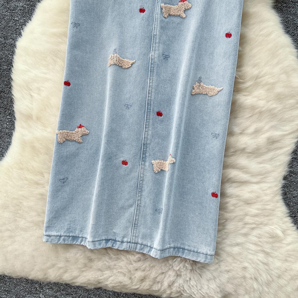 Léto Podzim Dámská Ležérní Výšivka Pes Vysoký Pas Dlouhá Midi Tužková Džínová Sukně