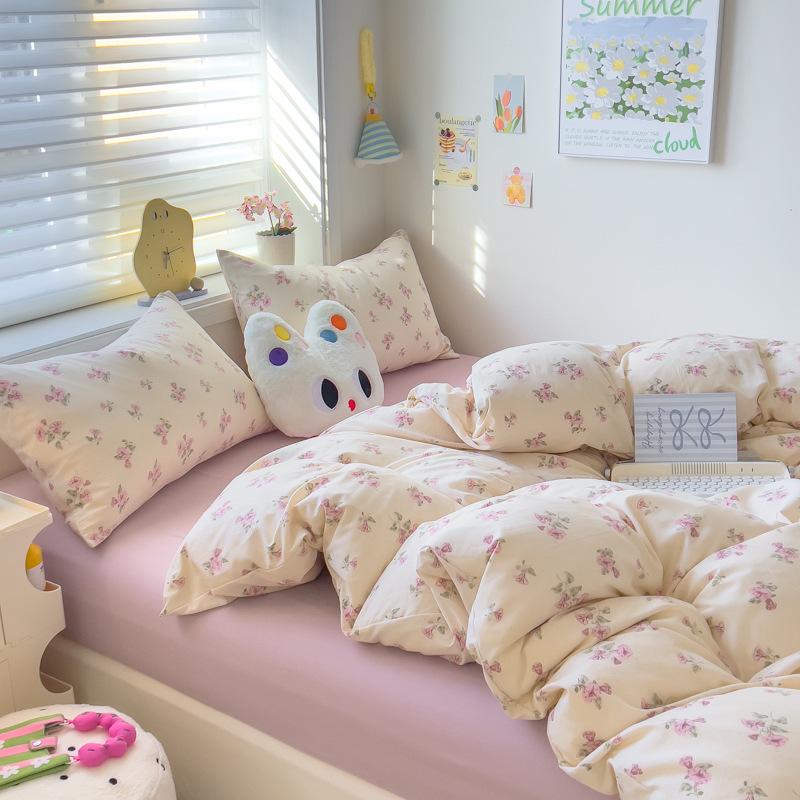 Class A Maternal and Infant Grade Knitted Cotton Double-layer Yarn 4pcs Set, Super Soft Washed Cotton Quilt Cover, Student Dormitory 3pcs Set