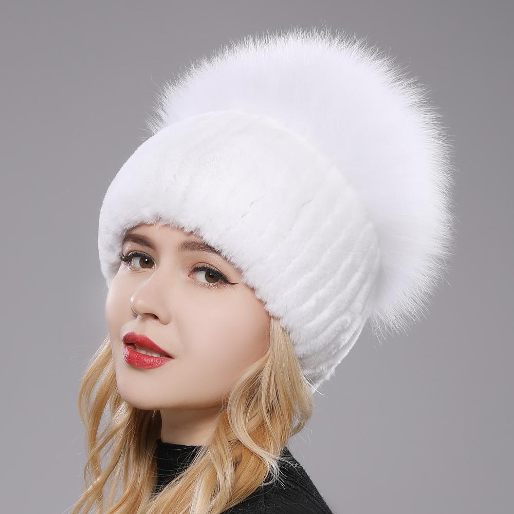 Female'S Hat Good Elastic Natural Fluffy Real Fox Fur Hat New Winter Women Knitted Real Rex Rabbit Fur Hats Lady Real Fur Cap