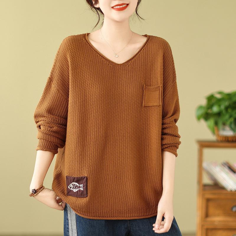 Retro Style V-Neck Patchwork Cotton Knit Sweater - Long Sleeve Loose Fit Pullover