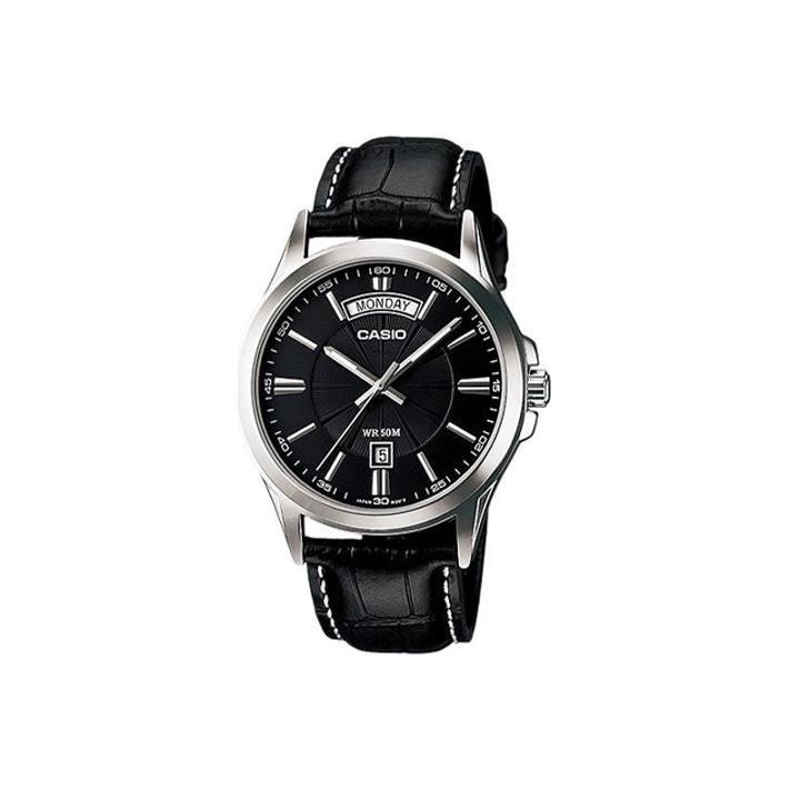 CASIO ENTICER Quartz Movement Genuine Leather Strap Watch Men s Watches Black Dial MTP-1381L-1AV Black Dial Regular Box