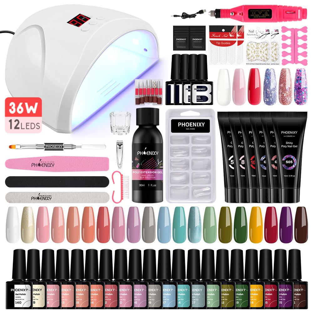

Набор гелевых ногтей PHOENIXY, 20 шт., гель-лак для ногтей, 6 шт. Полигель для ногтей, 36 Вт, УФ-светодиодная лампа для ногтей, набор инструментов для дизайна ногтей, набор инструментов для дизайна ногтей