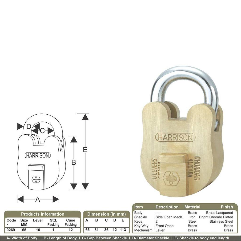 Padlocks/Round Padlock 65mm 10 Lever with 2 Keys CHURIDAR-0269 Pack of 1/ Brass Material/Brass Lacquer Finish/Door Lock, Shutter Lock, Godown Lock,