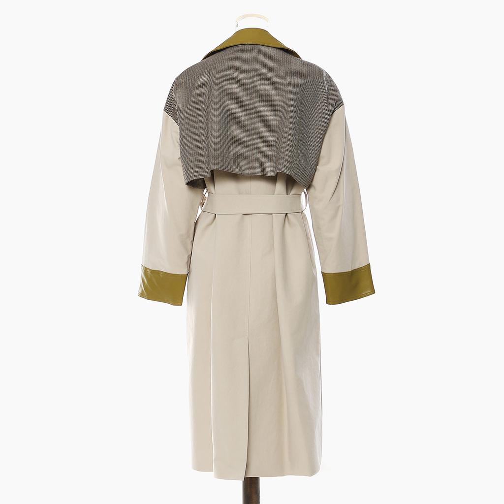 Patchwork Trench Coat Champagne Cotton Blend Long Sleeve Collar
