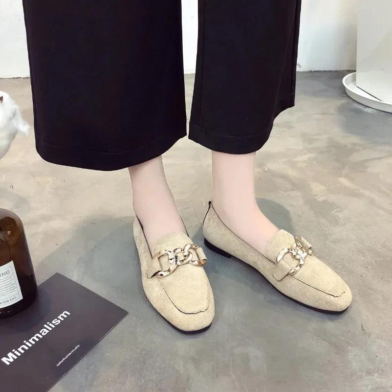 Women's Shoes on Sale 2024 New Slip on Women's Flats Autumn Square Toe Solid Flock Metal Decoration Low-heeled Casual Shoes