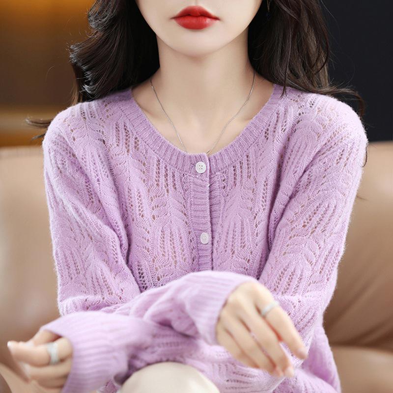 Women's Fashionable Autumn Wool Cardigan Coat - Round Neck, Knit, Hollow Design Cashmere Sweater