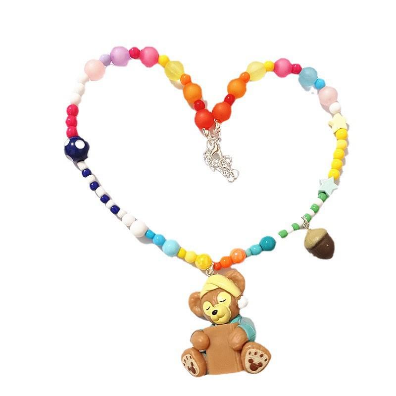 Colorful Cartoon Beaded Choker Necklace for Children Featuring Duffy Bear, ShellieMay, and StellaLou with Painter Hat.