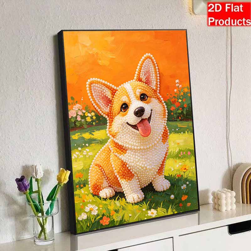 Sparkling Pearl Painting on Stretched Frame Cute Corgi Dog DIY Bead Art Canvas Relaxing Hobby Gift for Craft Lovers Great Home Decor Art Craft