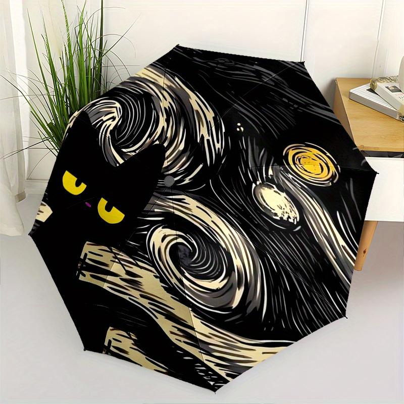 

Starry Night Cat Automatic Folding Umbrella 8 Ribs, Durable Iron Frame, Bright Color Pattern Compact Travel Umbrella, Suitable for Outdoor,